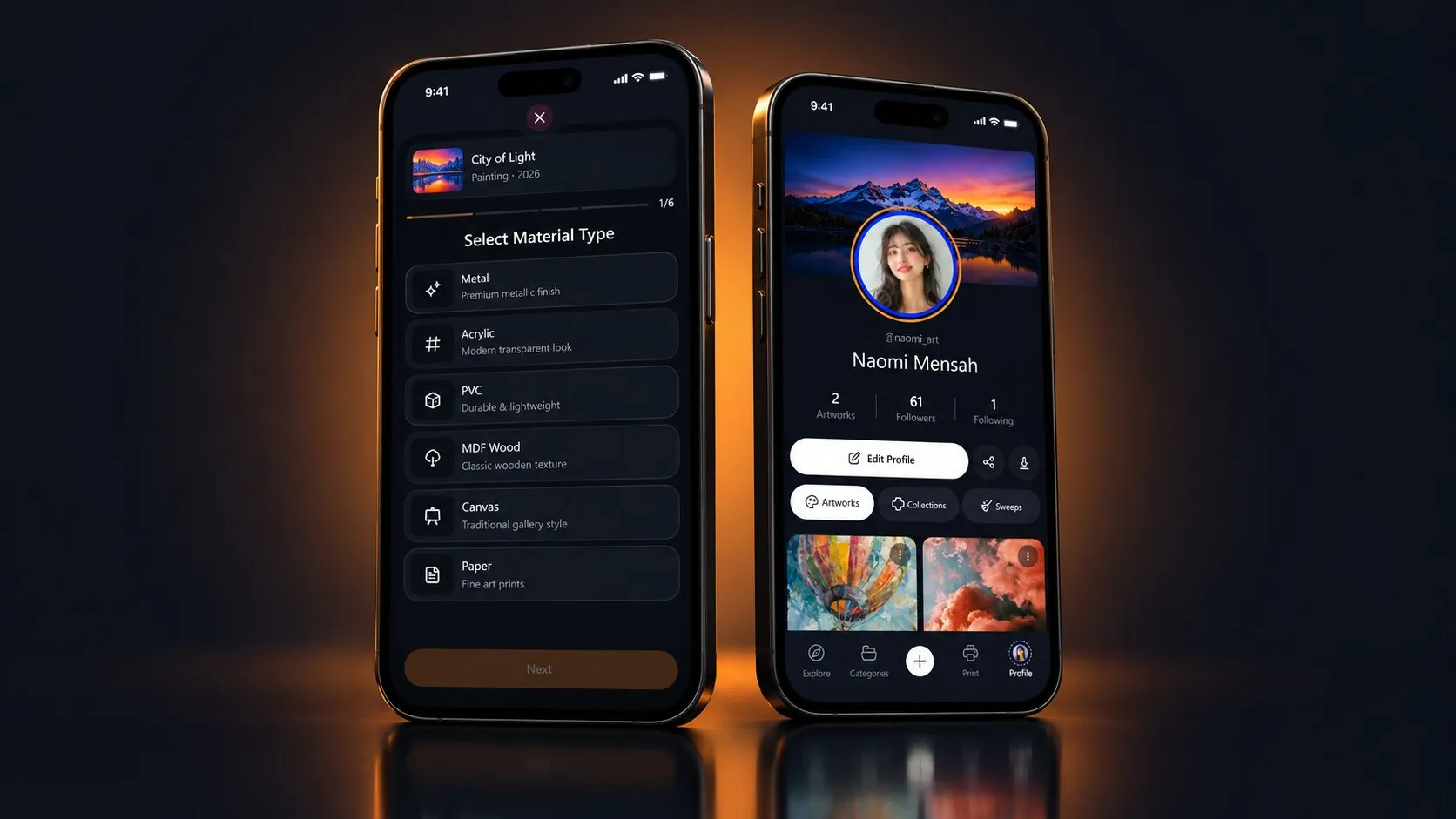 Two phones showing Melovibx: an artist profile with artworks, and the print order screen