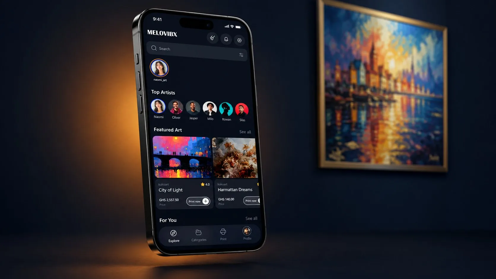 The Melovibx app on a phone, showing featured art and top artists, beside a framed print on the wall