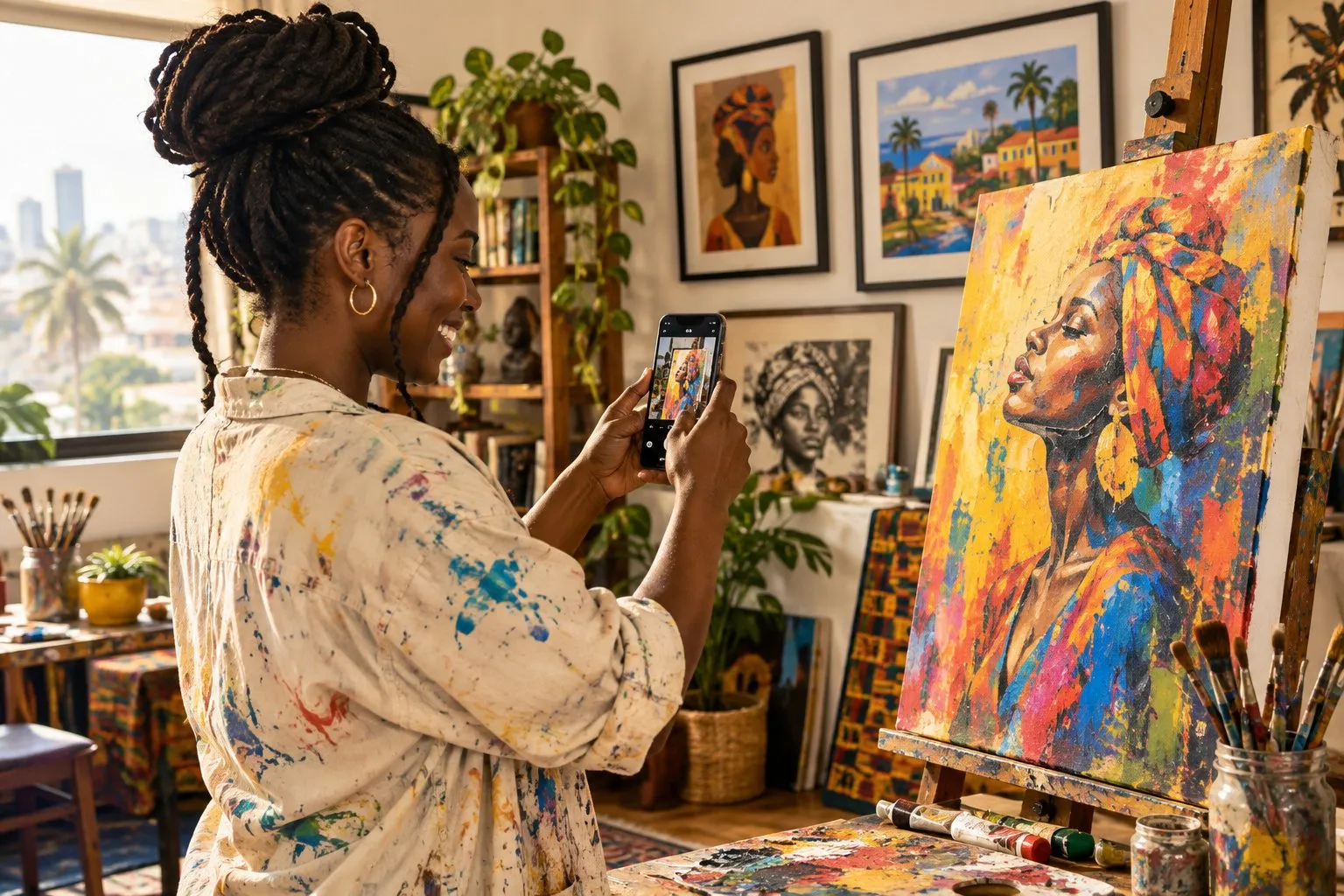 A painter in a bright studio photographing her finished canvas with a phone